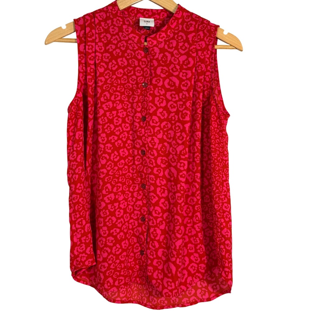 Cabi Red Pink Leopard Print Sleeveless Button Down Blouse 4554 Womens Small